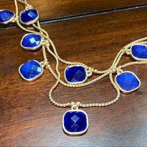 Vintage Golden Multi-Strand Blue Square Drop Pendant Necklace